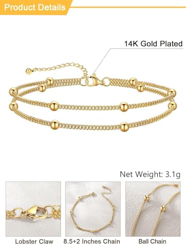 U7 Silver/Gold/Black Ankle Bracelets for Women Layered Chain Anklets | Stainless Steel Anklets Waterproof Summer Beach Anklet Charm, Adjustable 8.5"-10.5",Layered Anklet Fashion - color: Gold - Layered Ball Chain