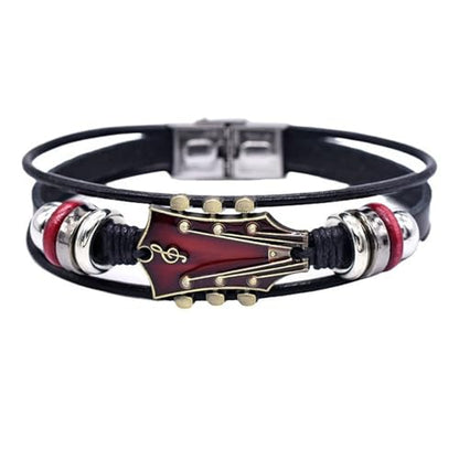 Angyape Retro Faux Leather Guitar Bracelet, Zinc Alloy Rock Music Guitar Leather Bracelet Punk Handmade Braided Multi-Layer Wrap Guitar Shape Decorative Cuff Bracelet Musical Enthusiast Gift - color: Red