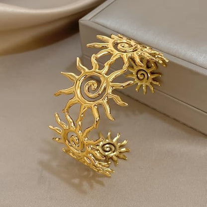 Chunky Gold Sun Cuff Bracelet for Women – Boho Spiral Sun Statement Jewelry, Stainless Steel Adjustable Wide Metal Bangle for Holiday Fashion - color: Gold
