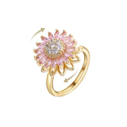 Sunflower Fidget Ring for Women Gold Anxiety Crystal Rings Cubic Zirconia Sunflower Open Adjustable Fidget Ring Spinner Sun Ring for Men Trendy Jewelry - color: fense