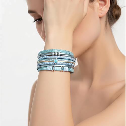 Edoneery Leather Wrap Bracelets for Women, Boho Layered Cuff Bangle | Multi-layer Leather Cuff, Daily wear, Stackable Bangle, Easy on-off, Western Jewelry Gifts for Women - color: Blue-2
