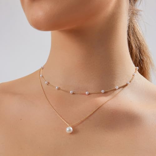 HERIER Gold Jewelry Set for Women - Dainty 14K Gold/Silver Plated Pearl Choker Necklace, Drop Earrings & Bracelets - Wedding Trendy Pearl Jewelry Gift - color: Satellite Pearl Set-Gold