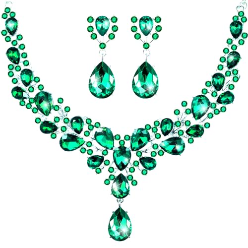Hicarer Bridal Teardrop Cluster Crystal Jewelry Set for Women Necklace Earrings Wedding - color: Malachite Green