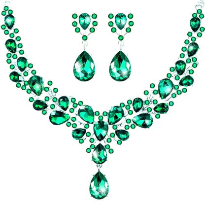 Hicarer Bridal Teardrop Cluster Crystal Jewelry Set for Women Necklace Earrings Wedding - color: Malachite Green