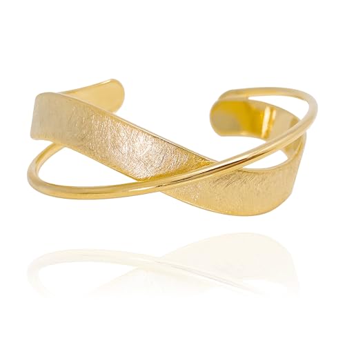 OZEL – Women’s Gold Cuff Bracelets – 18K Gold Plated Textured Bangles with Multi-Color Crystal & Rhinestone Accents – Layered Stacking Jewelry - color: 200704