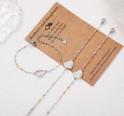 DS Mother Daughter Matching Bracelets,Adjustable Stainless Steel Gift Set | mother’s Day & Birthday Gift Box,Heart Charm,Mommy & Me Style,18K Gold Plated,Hypoallergenic,Daily Wear,Fits Women Teen Girls - color: Silver-2