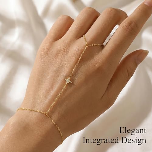925 Sterling Silver Hand Chain Bracelet for Women | 14k Gold Plated CZ Crystal Heart Starburst Ring Bracelets Hand Chain Diamond Layered Stackable Link Chain Beach Jewelry Gifts - color: GoldA