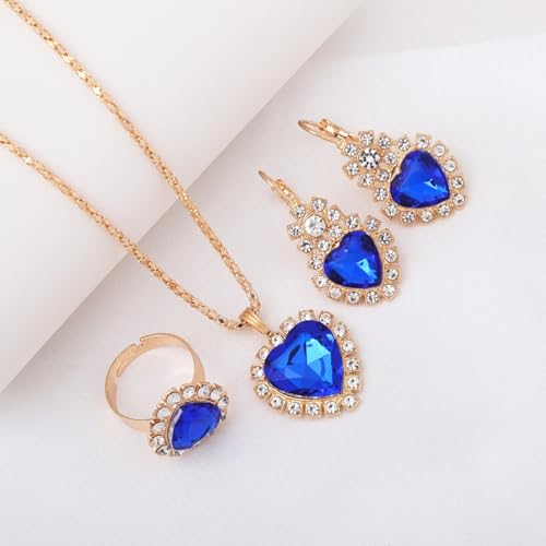 4 Pcs Heart Jewelry Set for Women fashion Cubic Zirconia Pendant Necklace Bracelet Earrings Dainty Open Ring Charm Prom Party, Birthday Valentines Mothers Day Christmas Jewelry Gift - style: Royal Blue