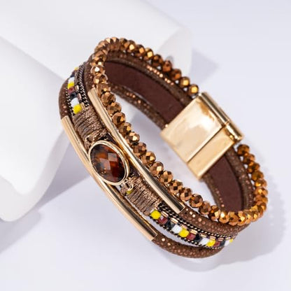 Boho Leather Wrap Bracelets Beaded Stackable Cuff Bracelet Country Concert Outfits Cowboy Cowgirl Western Jewelry Gifts for Women - color: Crystal-Brown