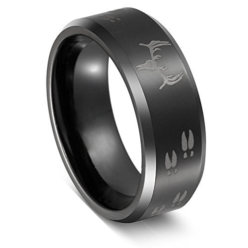 8mm Black Etched Deer Head Tungsten Carbide Wedding Band Men's Hunting Ring Size 6-15