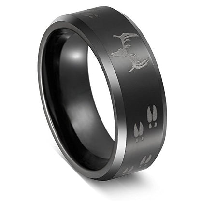 8mm Black Etched Deer Head Tungsten Carbide Wedding Band Men's Hunting Ring Size 6-15