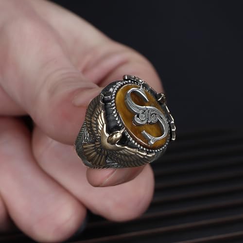 925 Sterling Silver Personalized Ring for Men, Tiger's Eye Stone Men's Ring, Eagle Design Silver Men Ring, Customizable Letter Ring, Silver Initial Men Ring, Monogram Silver Ring