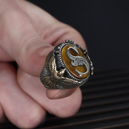 925 Sterling Silver Personalized Ring for Men, Tiger's Eye Stone Men's Ring, Eagle Design Silver Men Ring, Customizable Letter Ring, Silver Initial Men Ring, Monogram Silver Ring