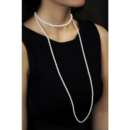 Long Pearl Necklaces for Women Cream White Faux Pearl Strand Layered Necklace Costume Jewelry - color: 8MM choker+6MM long