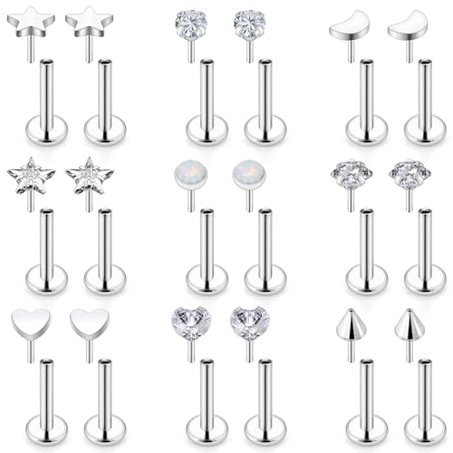 Threadless Noses Rings, Flat Back Earrings, 20/18/16g-Gauge 5/16in-Post 3mm-Top, Hypoallergenic Surgical Steel Medusa Lip Labret Cartilage Helix Tragus Conch Piercing Jewelry for Women Men - color: White, size: 16g*8mm