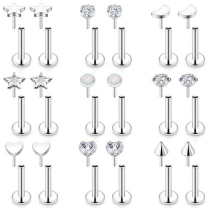 Threadless Noses Rings, Flat Back Earrings, 20/18/16g-Gauge 5/16in-Post 3mm-Top, Hypoallergenic Surgical Steel Medusa Lip Labret Cartilage Helix Tragus Conch Piercing Jewelry for Women Men - color: White, size: 16g*8mm