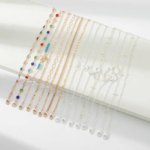 Starain 12Pcs Summer Beach Anklets for Women Waterproof Gold Silver Chain Ankle Bracelets Cute Women's Foot Anklet Set 7.9-10.5 inch Adjustable - color: 16Pcs Silver Anklets