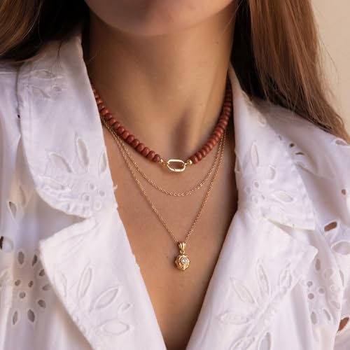 CONRAN KREMIX Colorful Stone Beaded Necklace for Women,Natural Gemstone Bead Choker Necklaces Boho Summer Beach Layering Necklace Jewelry Gift for Women - color: Brick Red