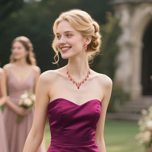Women's Wedding Jewelry Set Leaf Flower for Bridal Prom Party | Stunning Crystal Teardrop Marquise Cluster Pendant Necklace Dangle Earrings Set for Bride Bridesmaid - color: Hot Pink Gold-Plated-Base