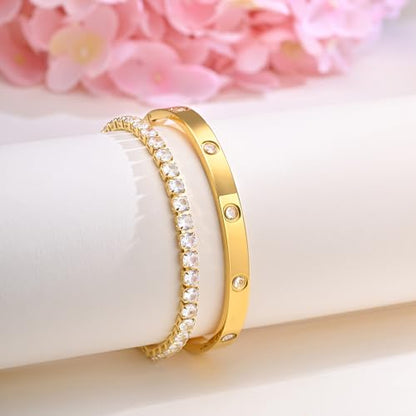 Stackable Gold Bracelets for Women - 2Pcs 18K Gold Plated Cubic Zirconia Bangle Bracelet Friendship Tennis Bracelet Stack Jewelry,Party Christmas Birthday Gift for Girlfriend Sister Wife Daughter - style: Gold Set_7