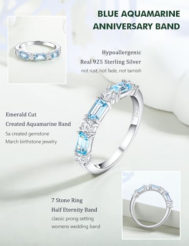 3.5mm Half Eternity Band Sterling Silver Rings for Women Sapphire/Ruby/Emerald and Cz Wedding Bands 7 Stone Stackable Birthstone Ring Anniversary Jewelry Size 6-10 - color: 03-Aquamarine-Mar.