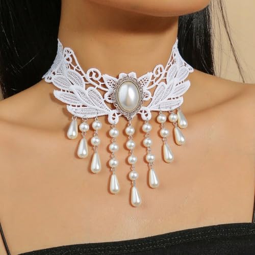 Goth Black Choker Necklace Crystal Bead Pendant Necklace for Women Gothic Velvet Lace Choker Halloween Vampire Witch Cosplay - color: H-White