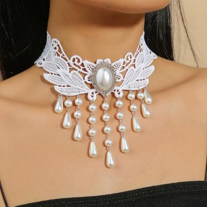 Goth Black Choker Necklace Crystal Bead Pendant Necklace for Women Gothic Velvet Lace Choker Halloween Vampire Witch Cosplay - color: H-White