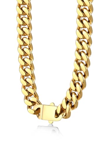 Bestyle Thick Stainless Steel Mens Cuban Link Chain, Black/Gold Chain for Men, No Tarnish & Durable Men Chain Necklace, 5/7/9/12mm Wide, 18"-30" Long, Gift Package - style: b. 12mm-Gold