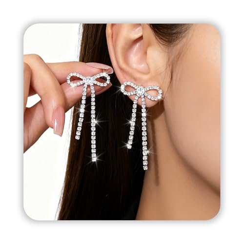 DAYANEY Silver Gold Bow Dangle Long Earrings for Women Trendy | Bow Rhinestone Ribbon Earring Chain Prom Jewelry, Bow Earrings Statement Dainty Earring as Wedding Bridesmaid Formal Jewelry - color: Silver, size: bow dangle