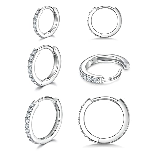 3 Pairs 925 Sterling Silver Small Hoop Earrings for Women Men | Cubic Zirconia, 14K White Gold Plated Huggie Hoop Earrings, Hypoallergenic - style: A-silver 8/10/12mm
