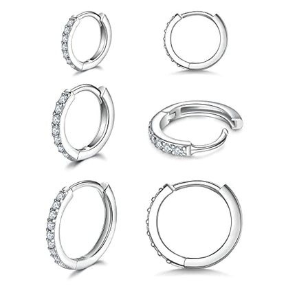 3 Pairs 925 Sterling Silver Small Hoop Earrings for Women Men | Cubic Zirconia, 14K White Gold Plated Huggie Hoop Earrings, Hypoallergenic - style: A-silver 8/10/12mm
