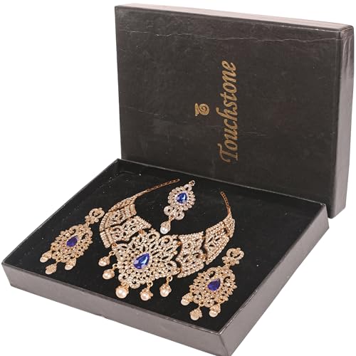 Touchstone Indian jewelry sets for women tikka wedding necklace costume guest statement bollywood rhinestones crystal faux pearls gold big royal neck piece set bridal fashion accessories - color: Blue in Center 2