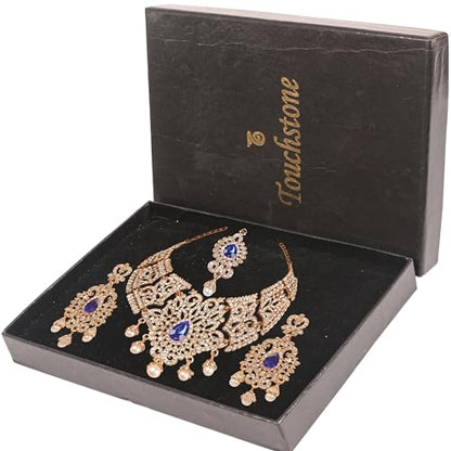 Touchstone Indian jewelry sets for women tikka wedding necklace costume guest statement bollywood rhinestones crystal faux pearls gold big royal neck piece set bridal fashion accessories - color: Blue in Center 2