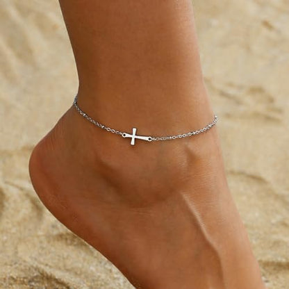 Dainty Ankle Bracelets for Women 18K Gold Plated Waterproof | Satellite Beaded Herringbone Lip Chain Anklets Simple Minimalist Summer Beach Foot Jewelry, Gift Box Included - color: Satellite Cross-White Gold