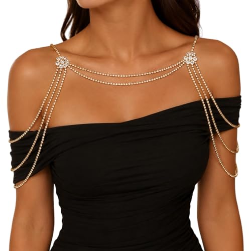Rhinestone Tassel Wedding Backdrop Chain - Crystal Flower Shoulder Chain Necklace - Bridal Multi-Layered Body Chain Jewelry for Women - color: Gold