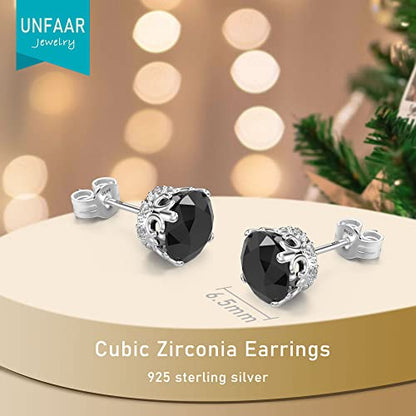Round Cut Cubic Zirconia Stud Earrings for Men Women | Brilliant CZ Simulated Diamond, 18K White Gold Plated Sterling Silver, Hypoallergenic - color: Black