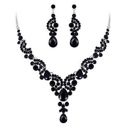 EVER FAITH Rhinestone Crystal Bridal Floral Wave Teardrop Necklace Earrings Set - color: 2pcs_Black