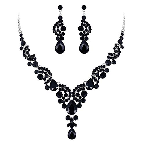 EVER FAITH Rhinestone Crystal Bridal Floral Wave Teardrop Necklace Earrings Set - color: 2pcs_Black
