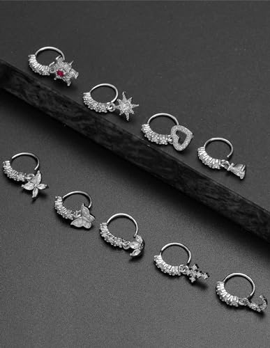 Akeoqi 12Pcs Nose Ring Hoop Cartilage Earring Cute Leaf Star CZ Butterfly Paved Nose Piercing Jewelry for Women men Silver Gold Plated 20G - color: D:Silver Drop
