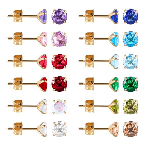 12 Pairs Surgical Stainless Steel Stud Earring Round Heart Star Square Cubic Zirconia Birthstone Stud Earrings Set for Women - color: Gold round 5mm