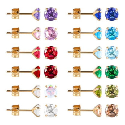 12 Pairs Surgical Stainless Steel Stud Earring Round Heart Star Square Cubic Zirconia Birthstone Stud Earrings Set for Women - color: Gold round 5mm