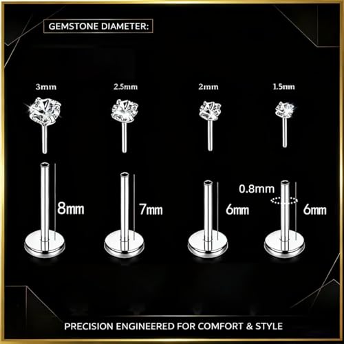 16G 18G 20G Hypoallergenic Threadless Flat Back Nose Studs Women | Medical Steel, CZ 1.5-3mm, Nostril Tragus Helix Piercing, A Secure Fit And Everyday Wear For Sensitive Skin - color: Silver-B