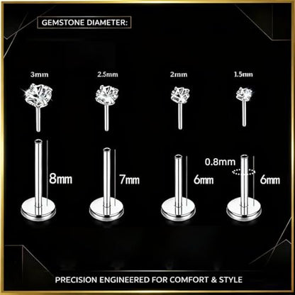 16G 18G 20G Hypoallergenic Threadless Flat Back Nose Studs Women | Medical Steel, CZ 1.5-3mm, Nostril Tragus Helix Piercing, A Secure Fit And Everyday Wear For Sensitive Skin - color: Silver-B