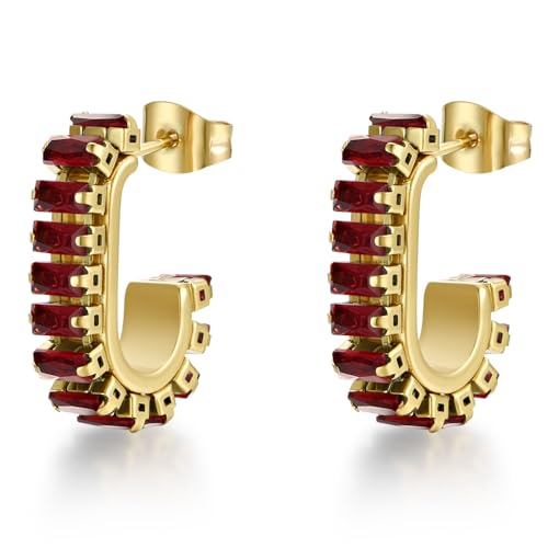 Green Crystal huggie gold hoop earrings for women Girls,14K Gold Plated with 925 Sterling Silver Post color Cubic Zirconia dainty cute Earrings| CZ Stud Earring - color: Red stone