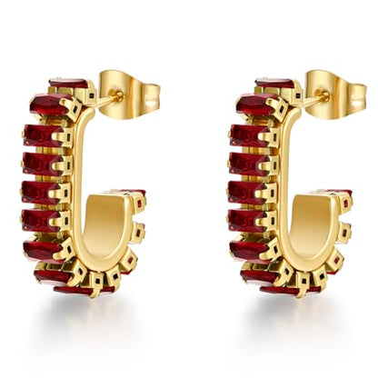 Green Crystal huggie gold hoop earrings for women Girls,14K Gold Plated with 925 Sterling Silver Post color Cubic Zirconia dainty cute Earrings| CZ Stud Earring - color: Red stone