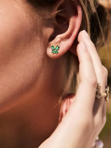 Suplight Butterfly Stud Earrings 925 Sterling Silver 14K Gold Brithstone Earrings for Women Brithstone Jewelry Gifts - color: 05.May( Emerald), size: Gold