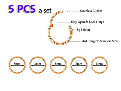 5Pcs 16G 18G Surgical Steel Nose Rings Hoop Tragus Septum Cartilage Hoop Earrings For Women Men Body Piercing Jewelry Kit Bar Length 6mm/8mm/10mm/12mm/14mm - style: 5Pcs -18G - Rose Gold - 8mm