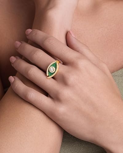 SNGIA 18K Gold Plated Adjustable Open Ring for Women Natural Stone CZ Statement Ring Tiger Eye Emerald Ruby Lapis Black Onyx Turquoise Evil Eye Boho Stackable Cocktail Ring Birthday Gift Jewelry - style: Malachite, Evil Eye