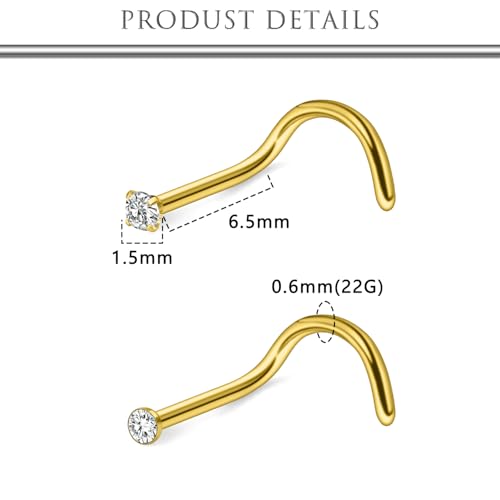 Hoeudjo Nose Studs Surgical Steel Cubic Zirconia Nose Rings Kit for Women Men Tiny Nose Stud Screw & Bone & L Shaped Nostril Piercing Jewelry 24-18 Gauge 20 Pieces Set - color: gold-tone,screw nose studs, size: 22g/1.5mm clear CZ