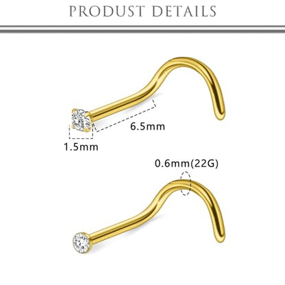 Hoeudjo Nose Studs Surgical Steel Cubic Zirconia Nose Rings Kit for Women Men Tiny Nose Stud Screw & Bone & L Shaped Nostril Piercing Jewelry 24-18 Gauge 20 Pieces Set - color: gold-tone,screw nose studs, size: 22g/1.5mm clear CZ